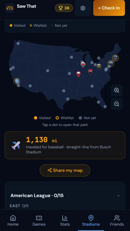 Saw That's stadium map with visited pins and miles traveled